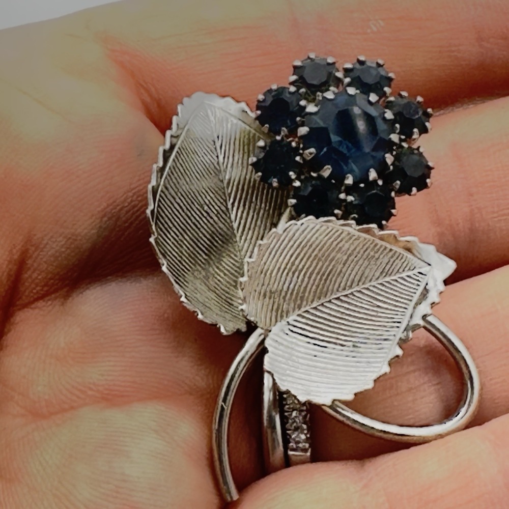 Vintage Flower Pin Brooch Blue Stones Silver Tone Mid Century Floral